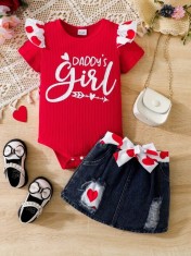 Set body rosu cu mesaj &amp;quot;Daddy?s Girl&amp;quot; si fusta denim pentru fetite (Marime foto