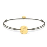 Bratara ajustabila, cu banut rotund si inima, auriu, gravat litera ta, snur gri