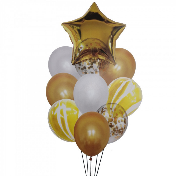 Buchet 10 baloane din latex cu confetti Gold Star