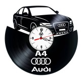 Ceas de perete din disc vinil, Tematică Audi / Motorsport, Design Premium cu Logo și Siluetă Auto, Negru