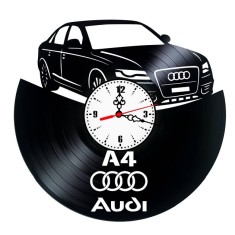 Ceas de perete din disc vinil, Tematică Audi / Motorsport, Design Premium cu Logo și Siluetă Auto, Negru