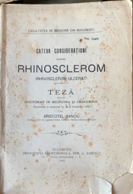 Teza doctorat in medicina si chirurgie, prezentata in 1915 - Aristotel Banciu foto