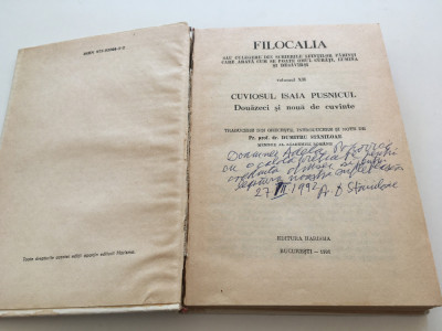 FILOCALIA 12/xii- CUV.ISAIA PUSNICUL/CU DEDICATIA TRADUCATORULUI-PR.D.STANILOAE! foto