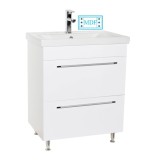 Baza si lavoar ceramic GN0541, mobilier baie stativ 60 cm, front MDF, 2 sertare, picioare cromate reglabile, alb