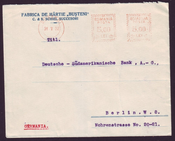 1932 Romania, Plic antet Fabrica de Hartie Busteni francatura mecanica multipla