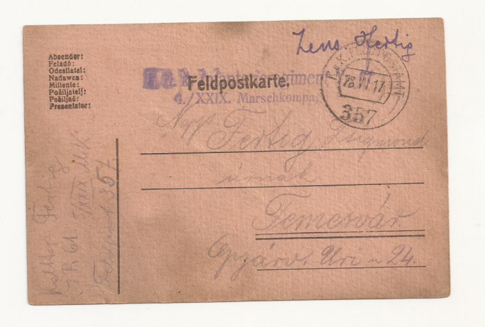 D3 Carte Postala Militara k.u.k. Imperiul Austro-Ungar ,1917 Temesvar, Timisoara