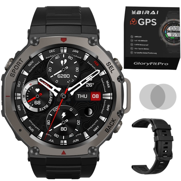 Ceas smartwatch barbati, GloryFitPro by BIRAI&reg;, ecran AMOLED 1.43", inteligent, fitness, sport, rezistent apa 5ATM, smart, notificari, wireless, apel