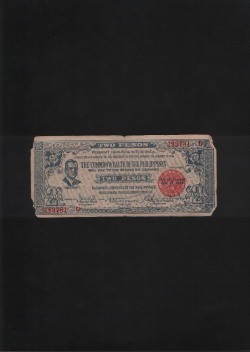 Filipine Philippines 2 pesos Negros 1942 seria189781 uzata