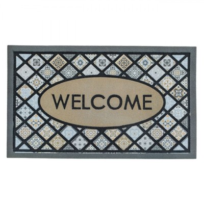 Covoraș Ușă, Tiles, Mesaj Welcome, Negru Gri, 75x45cm foto