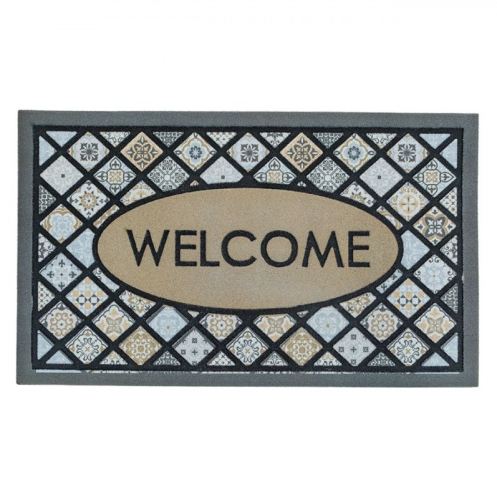 Covoraș Ușă, Tiles, Mesaj Welcome, Negru Gri, 75x45cm