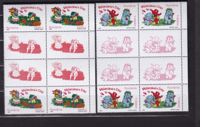 ROMANIA 2002 LP 1579 a ZIUA INDRAGOSTITILOR BLOCURI DE 4 TIMBRE+VINIETE MNH
