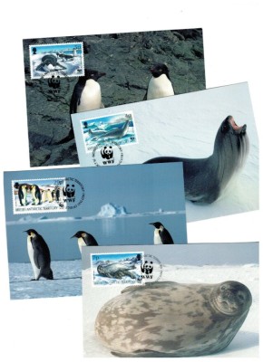 British Antarctic 1992 - Fauna WWF, set 4 carti poștale maxime foto