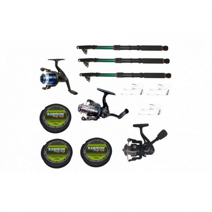 Kit pentru Pescuit 3.6m cu 3 lansete, 3 mulinete, guta si montura ace