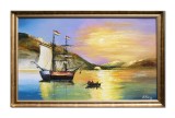 Cumpara ieftin Tablou inramat pictat manual apus de soare cu velier, 110x70cm ulei pe panza Constantin Feraru