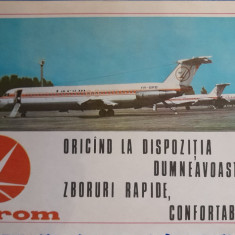 1987, Reclamă TAROM comunism 24x16 cm epoca aur aviatie turism avion calatori