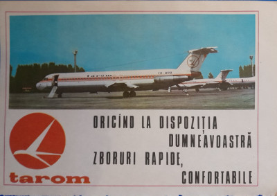 1987, Reclamă TAROM comunism 24x16 cm epoca aur aviatie turism avion calatori foto