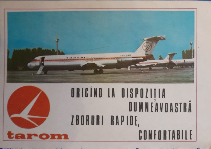 1987, Reclamă TAROM comunism 24x16 cm epoca aur aviatie turism avion calatori