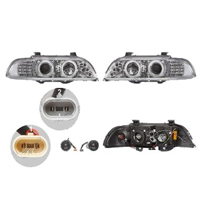 Set faruri Bmw Seria 5, 1996-2004, partea Stanga+Dreapta, Tuning, Fata, cu indicator led; tip bec H1+H1; manual; transparent, argintiu; tuning, Taiwan foto