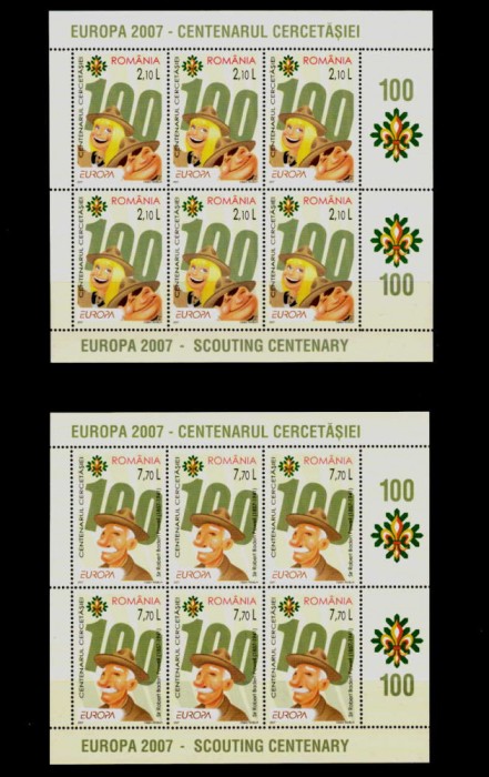 ✅RO 2007 LP 1762 d &quot;Europa 2007, Centenarul Cercetasiei&quot; , minicoli de 6 serii tip II ,MNH