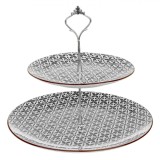 Platou Prăjituri Din Portelan, 2 Nivele, Imprimeu Flori Negre, Alb, 27x24cm, Oem