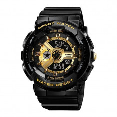 Ceas femei shockproof SKMEI 1689 Dual Time analog si digital, Inot, Cronograf Negru/Auriu