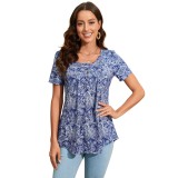 Tricou feminin cu m&acirc;neci scurte, decolteu &icirc;n V, lung, larg, potrivit pentru leggings &ndash; Albastru/Alb S