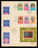 1972 Romania, 3 FDC Medalii olimpice Munchen (serie + colita dt) LP 805 &amp; LP 806, Romania de la 1950, Sport