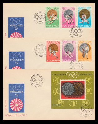 1972 Romania, 3 FDC Medalii olimpice Munchen (serie + colita dt) LP 805 &amp;amp; LP 806 foto