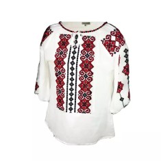Bluza Tip Ie Traditionala Alba cu Motiv Geometric Rosu de Dama - IMS120