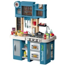 Bucatarie pentru copii WePro Store, lumini si sunete reale, functie de apa curgatoare si abur, 75 accesorii de gatit, Albastra, 3 ani +
