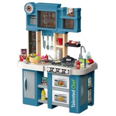 Bucatarie pentru copii WePro Store, lumini si sunete reale, functie de apa curgatoare si abur, 75 accesorii de gatit, Albastra, 3 ani +