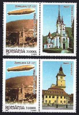 Romania 2004 - Lp 1652 a - 75 de ani de la zborul Zeppelinului deasupra Brasovului - serie cu vinieta dreapta- MNH *** foto
