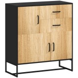 HOMCOM Bufet Modern de Depozitare cu 3 Dulapuri și 2 Sertare din Pal Melaminat și Oțel, 80x35x88 cm, Lemn Natural | Aosom Romania
