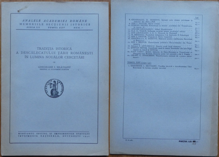 Gh. I. Bratianu , Traditia istorica a descalecatului tarii Romanesti , 1942