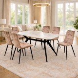 Cumpara ieftin Set masa living Elegant FDT4, blat caramica, structura metalica, 140x80x75 cm, alb maro si 6 scaune Rizea FDC4, tapiterie catifea, 90 kg, bej
