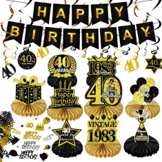 Set de decoratiuni pentru petrecere aniversara de 40 de ani, alcatuit din 9 piese din hartie tip fagure, banner Happy Birthday, spirale si confetti, n