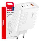 Incarcator retea Quick Charge 65W AMiO cu USB-A si 2x USB-C PD, incarcare rapida pentru laptop, smartphone si tableta, 100-240V