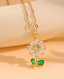 Lant din Inox Placat cu Aur cu Pandantiv Floare si Zirconiu Verde &ndash; Eleganta