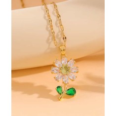 Lant din Inox Placat cu Aur cu Pandantiv Floare si Zirconiu Verde &ndash; Eleganta