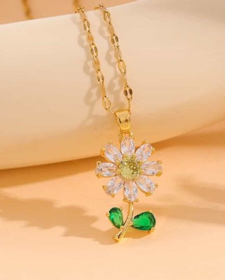 Lant din Inox Placat cu Aur cu Pandantiv Floare si Zirconiu Verde &amp;ndash; Eleganta foto