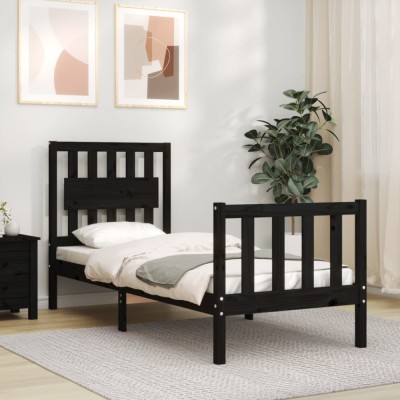 vidaXL Cadru de pat cu tăblie Small Single, negru, lemn masiv foto