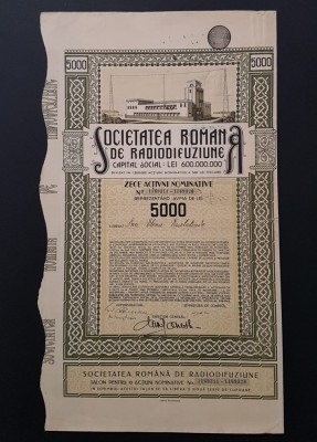 Actiune 1943 Soc. rom. de radiodifuziune / titlu de 10 actiuni nominative foto