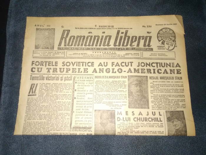 ZIAR ROMANIA LIBERA 29 APRILIE 1945 FORTELE SOVIETICE AU FACUT JONCTIUNEA CU TRUPELE ANGLO AMERICANE