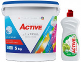 Detergent Universal de rufe pudra Active, galeata 5kg, 65 spalari + Detergent de vase lichid Active, 0.5 litri, mar