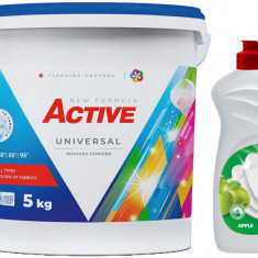 Detergent Universal de rufe pudra Active, galeata 5kg, 65 spalari + Detergent de vase lichid Active, 0.5 litri, mar