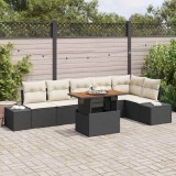 Set de grădină 7 piese cu perne, ratan negru, lemn de acacia