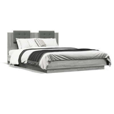 vidaXL Cadru de pat cu tăblie și lumini LED, gri sonoma, 150x200 cm foto