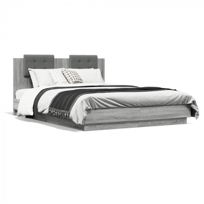 Gossi cadru de pat cu tablie si lumini led, gri sonoma, 140x200 cm