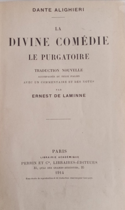 DANTE ALIGHIERI LA DIVINE COMEDIE - LE PURGATORIE - PARIS 1914