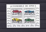 Coliță / Bloc 4 Timbre Rom&acirc;nia 1996 - Automobile de Epocă, Mercedes, Bugatti, Alfa Romeo, Jaguar - MNH -A99
